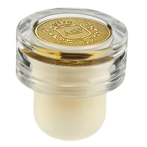 Custom cork featuring metallic medallion insert on top